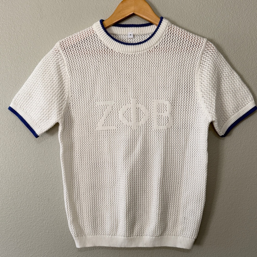 Zeta Phi Beta Beachy Mesh Cable Sweater New White Blue Preppy Short Sleeve Crew